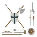 Set of different medieval weapons vector flat illustrations. Royalty Free Stock Photo