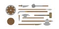 Set of different medieval weapons vector flat illustrations. Royalty Free Stock Photo