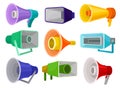 Flat vector set of different megaphones. Loud-speakers. Objects for announcement public message