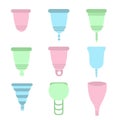 Set of different menstrual cups. Zero waste periods. Ecological plastic-free lifestyle. Vector illustration