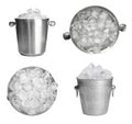 Set of different metal buckets with ice cubes on background Royalty Free Stock Photo