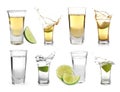 Set of different Mexican Tequila shots on background
