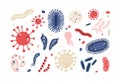 Set of different microorganisms isolated on white background. Collection of infectious germs, protists, microbes. Bundle