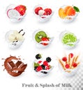 Set of different milk splashes with fruit, nuts and berries. lit