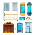 Set of different modern glass elevators. Vector pictures in cartoon style Royalty Free Stock Photo