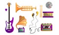 Set of different modern musical instruments and tools for playing and listening to music. Vector illustration in flat