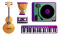 Set of different modern musical instruments and tools for playing and listening. Vector illustration in flat cartoon Royalty Free Stock Photo