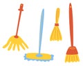 Set of different mops. Cleaning of the house and other premises. Set of cleaning tools. Cleaning service. Household chores, floor