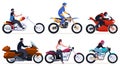 A set of different motorcycles with men and women on them. Two-wheeled transport of various types, sports, cross-country