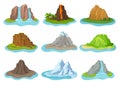 Flat vector set of mountains and waterfalls. Small islands surrounded by water. Natural landscape Royalty Free Stock Photo