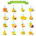 Set of different natural oils bottles color flat icons