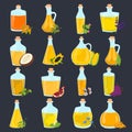 Set of different natural oils bottles color flat icons