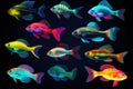 Set of different neon fish on a black background. Generative AI