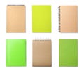 Set of different notebooks on background, top view