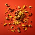 Set of different nuts and seeds on a red background. Generative AI Royalty Free Stock Photo