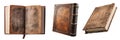 Set of different old books isolated on transparent background. Concept of interest in stories. Side view. Closed and Royalty Free Stock Photo