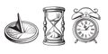 Set of different old clocks. Sundial, Hourglass, Alarm clock. Black and white hand drawn sketch vector. Royalty Free Stock Photo