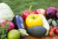 Set of different organic raw fruits and vegetables on wooden rustic table. Side view. Royalty Free Stock Photo