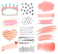 Set of different paint brush strokes in black, and pastel colors. Artistic design elements, grungy and watercolor background Royalty Free Stock Photo