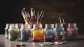 Set of different paint brushes in the glass and set of jars of colored gouache. Concept of painting