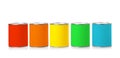 Set of different paint cans on white background.