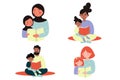 Set of different parents and children reading a book together. Muslims hijab, African Americans. Vector illustration