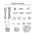 Set different pasta products line doodle icons. Varieties shape carbohydrate food vector sketch black isolated Royalty Free Stock Photo