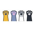 Set of different paw. Cat hands of different colors. White, black, red, grey animal with fur.