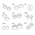 Set of different paws of animals in line style. Vector illustration