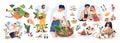 Set of different people enjoy gardening and planting vector flat illustration. Man and woman with fresh vegetables and Royalty Free Stock Photo