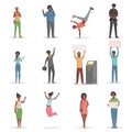 Set of different people jumping, holding placards, talking phone vector flat illustration.