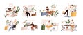 Set of different people practicing workout at workplace vector flat illustration. Collection of various employees doing Royalty Free Stock Photo