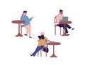 Set of different people sitting at street cafe vector flat illustration. Collection of men and women talking smartphone