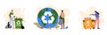 Set of different people sorting organic and metal garbage around world. Green environment concept Royalty Free Stock Photo