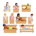 Set of different people, woman and man in wood sauna