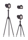 Set of different photo camera objects with screen on high tripod isolated. Royalty Free Stock Photo