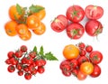 Set with different piles ripe tomatoes on white background, top view Royalty Free Stock Photo