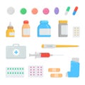 Set of different pills and drugs. First-aid kit contents medication, drops, tablet, syringe, thermometer, plaster