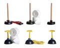 Set with different plungers on white Royalty Free Stock Photo