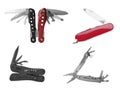 Set with different portable multitools on white background Royalty Free Stock Photo