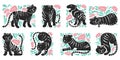 Set of different posed stylized vector tigers