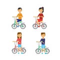 Set different poses boy girl on bicycle over white background. cartoon character. full length flat style Royalty Free Stock Photo