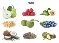 Set with different products rich in fiber on white background Royalty Free Stock Photo
