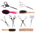 Set of different professional hairdresser scissors, brushes and combs on background Royalty Free Stock Photo