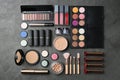 Set of different professional makeup products on table Royalty Free Stock Photo