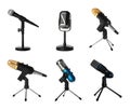 Set of different professional microphones in holders