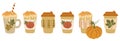 Set of different Pumpkin coffee to go. Vector Flat style illustration. Paper Takeaway cups with Cappucino, Autumn latte, Hot