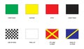 Set of different race flags signs. Start, finish, caution, stop, leave track, pit lane closed, final lap banners. Rally Royalty Free Stock Photo