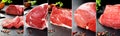 Set of different raw and fresh meats on black stone background.Photo collage. Royalty Free Stock Photo