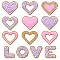 Set of different realistic cookies in the form of hearts covered with pink glaze decorated with confectionery topping